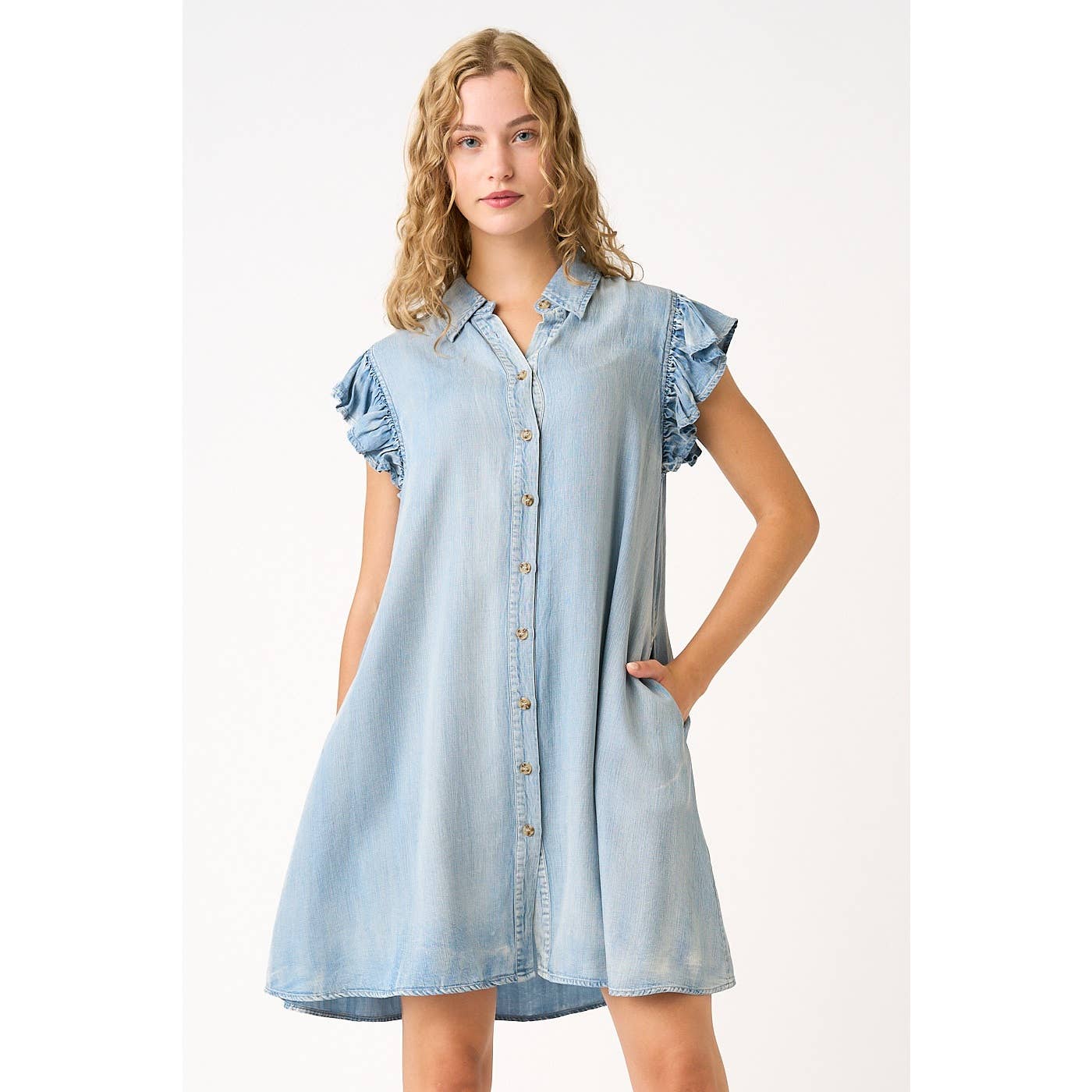 mittoshop - Wholesale Dress - Women's - WASHED CHAMBRAY RUFFLE SLEEVE BUTTONED MINI DRESS16