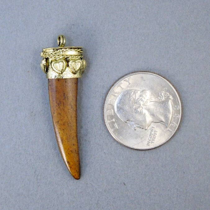 Jewelers Paradise – wholesale Individual charm/pendant – Tibetan Brown Carved Bone Horn Pendant with Engraved Brass2