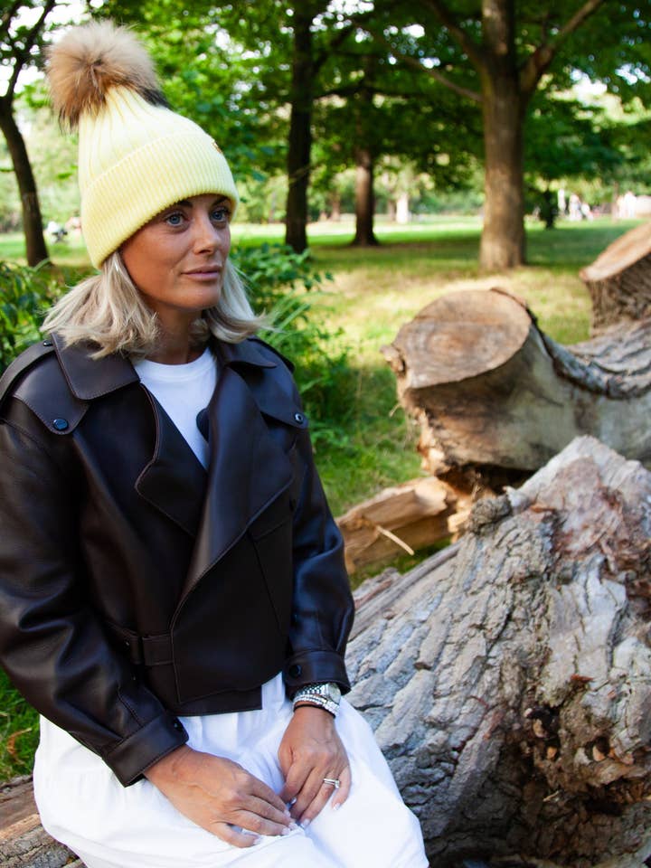 Adults Lemon Angora Beanie Hat with matching Pom for wholesale by Popski London