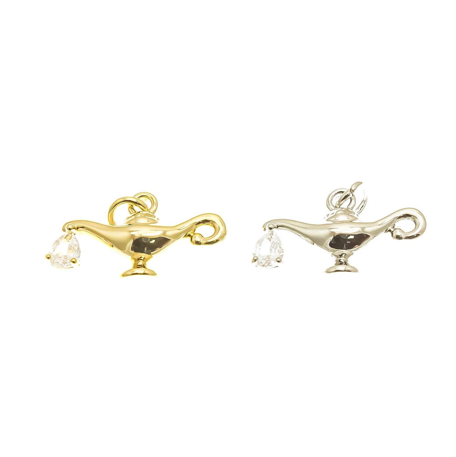 Jewel Pledge - Wholesale Individual Charm/Pendant - 18k Gold CZ Genie Lamp Charm with Clear CZ Dangle0
