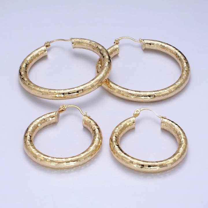 14K Gold Filled 35mm, 55mm, 50mm Line-Texture Multifaceted French Lock Latch Hoop Earrings | AE001 - AE003 for wholesale by Aim Eternal