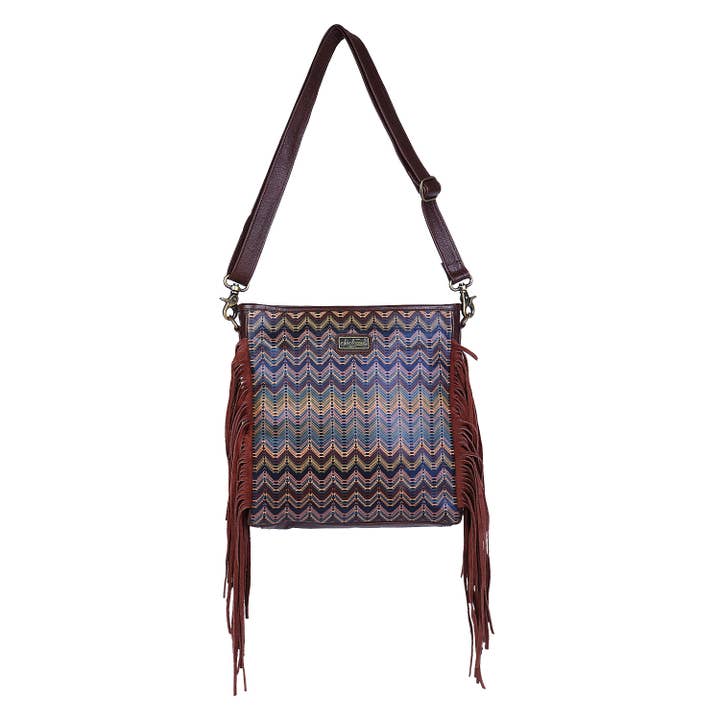Leather Suede Fringed Women Crossbody - Brown Abstract Print for wholesale by Sixtease Bags USA