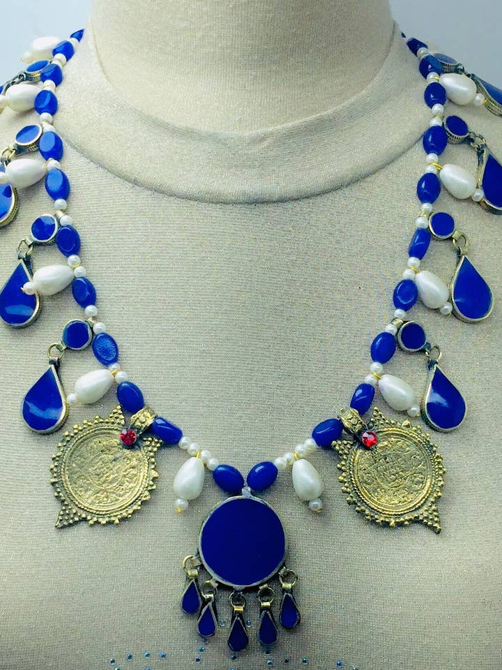 Blue Beaded Choker Necklace With Stones, Pearls and Coins for wholesale by vintarust