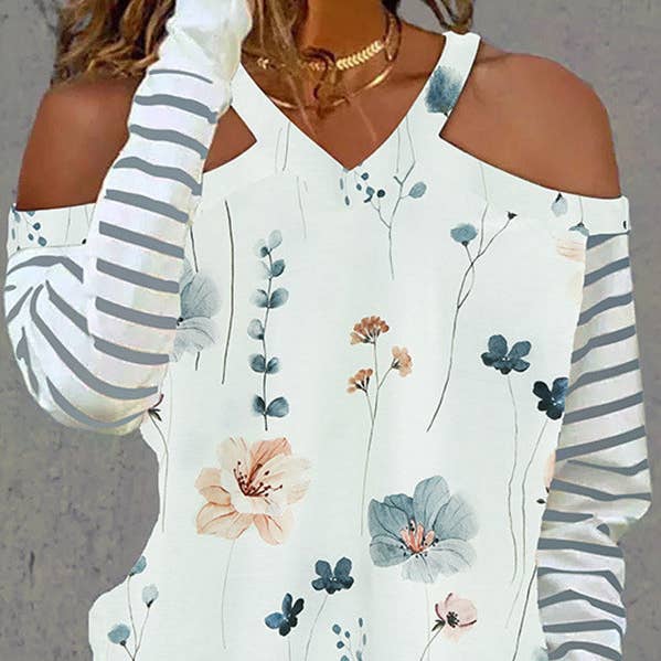 Cold Shoulder Long Sleeve Striped Floral Print T-Shirt for wholesale by UZ Wholesale Store