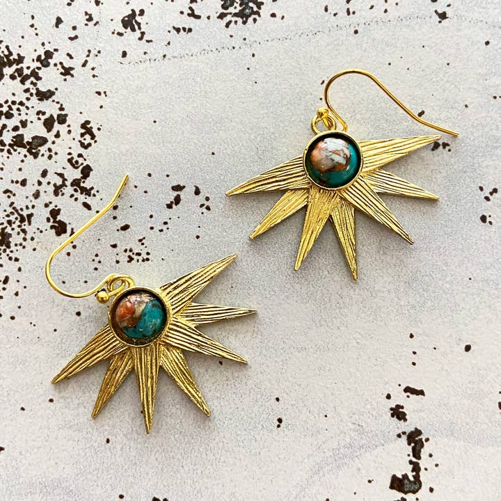 Sun Goddess Earrings - Sunburst with Oyster Turquoise for wholesale by Yugen Handmade