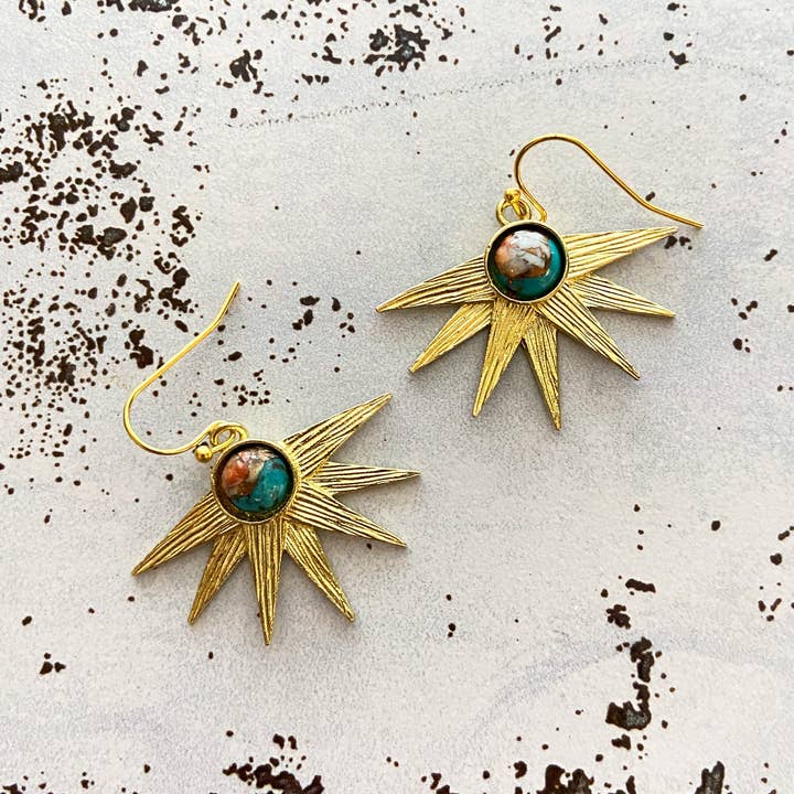Boucles d'oreilles Sun Goddess - Sunburst avec Oyster Turquoise pour la vente par Yugen Handmade