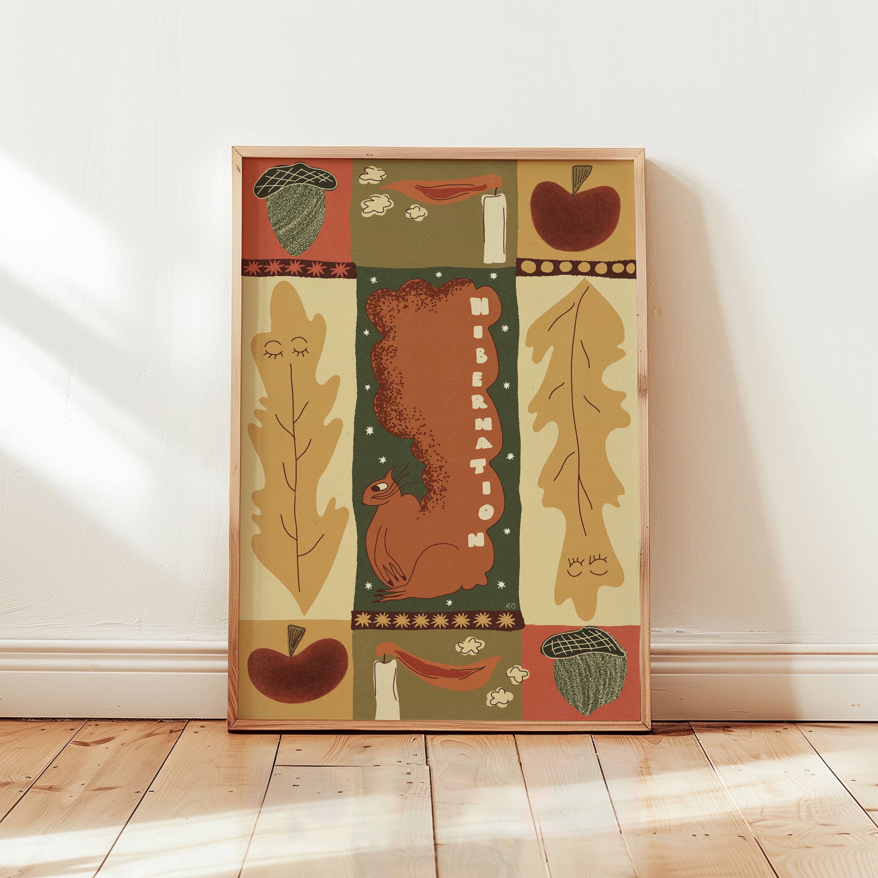 Rebecca Joy Ltd - Vente Affiche d'art - 'Hibernation' | Automne | Citrouille | Écureuil | Folklorique | Imprimé de bougie