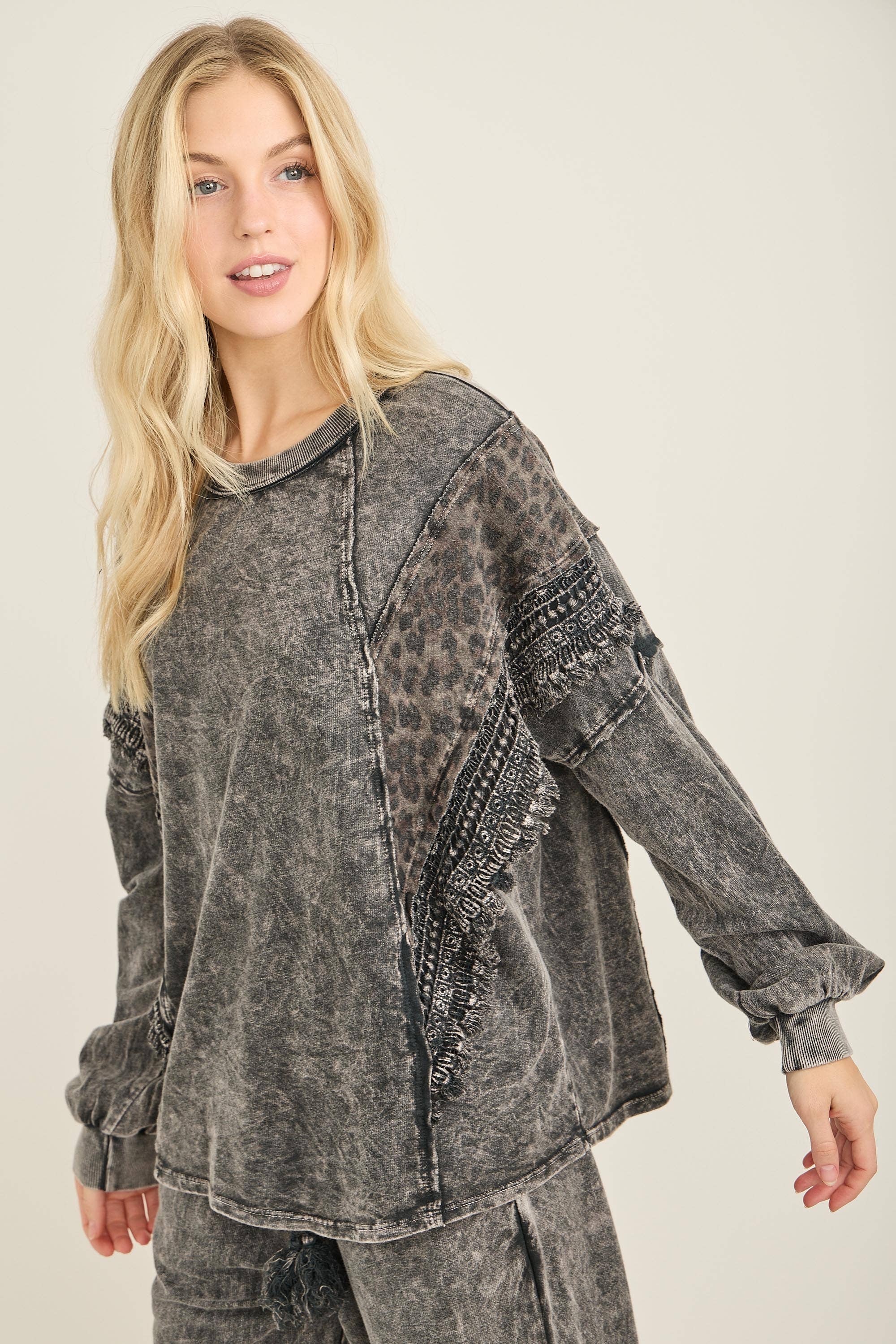 J.Her - Wholesale Blouse - Women's - Mineral Washed Cheetah Leopard Fringe tassel top HT672213