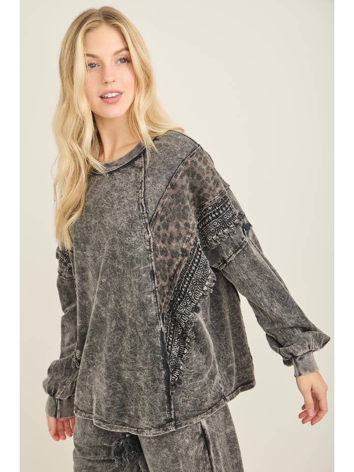 J.Her - Wholesale Blouse - Women's - Mineral Washed Cheetah Leopard Fringe tassel top HT672213