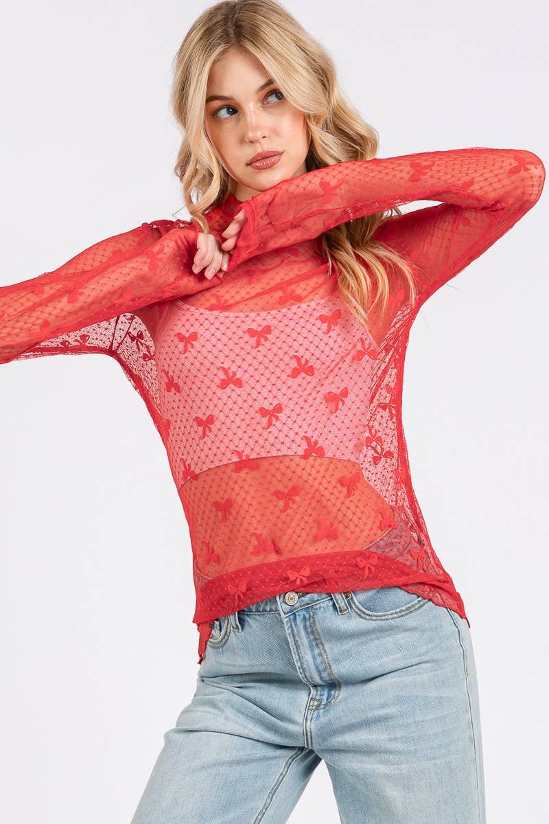 Sewn and Seen - Wholesale Blouse - Women's - BOW PRINT LONG SLEEVE LACE TOP 5