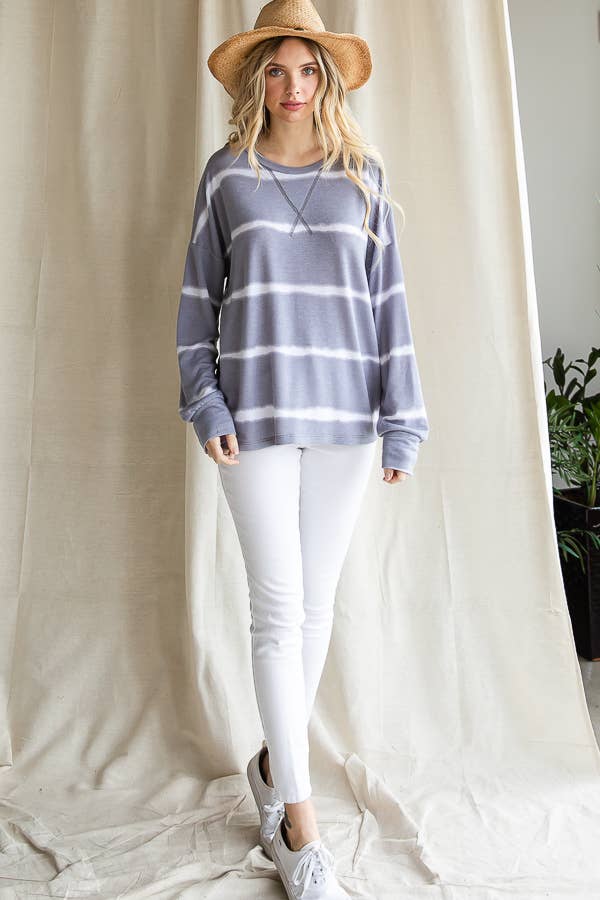 7th Ray – Engroshandel Strikket top - Dame – Stribet Tie Dye V-søm Drop Shoulder Langærmet Top T35657