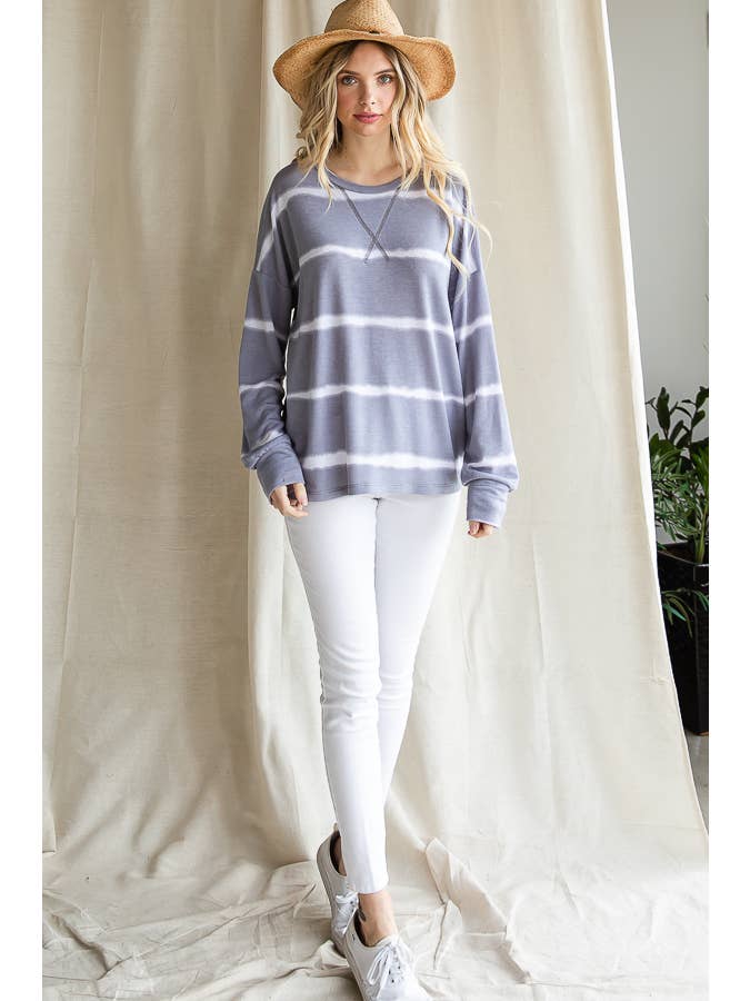 7th Ray - Wholesale Knit Top - Women's - Stripe Tie Dye V Seam Drop Shoulder Long Sleeve Top T35657