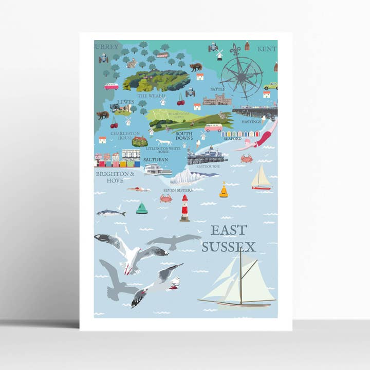 Impression de carte illustrée de Sussex Est pour la vente par BETTY BOYNS MAPS