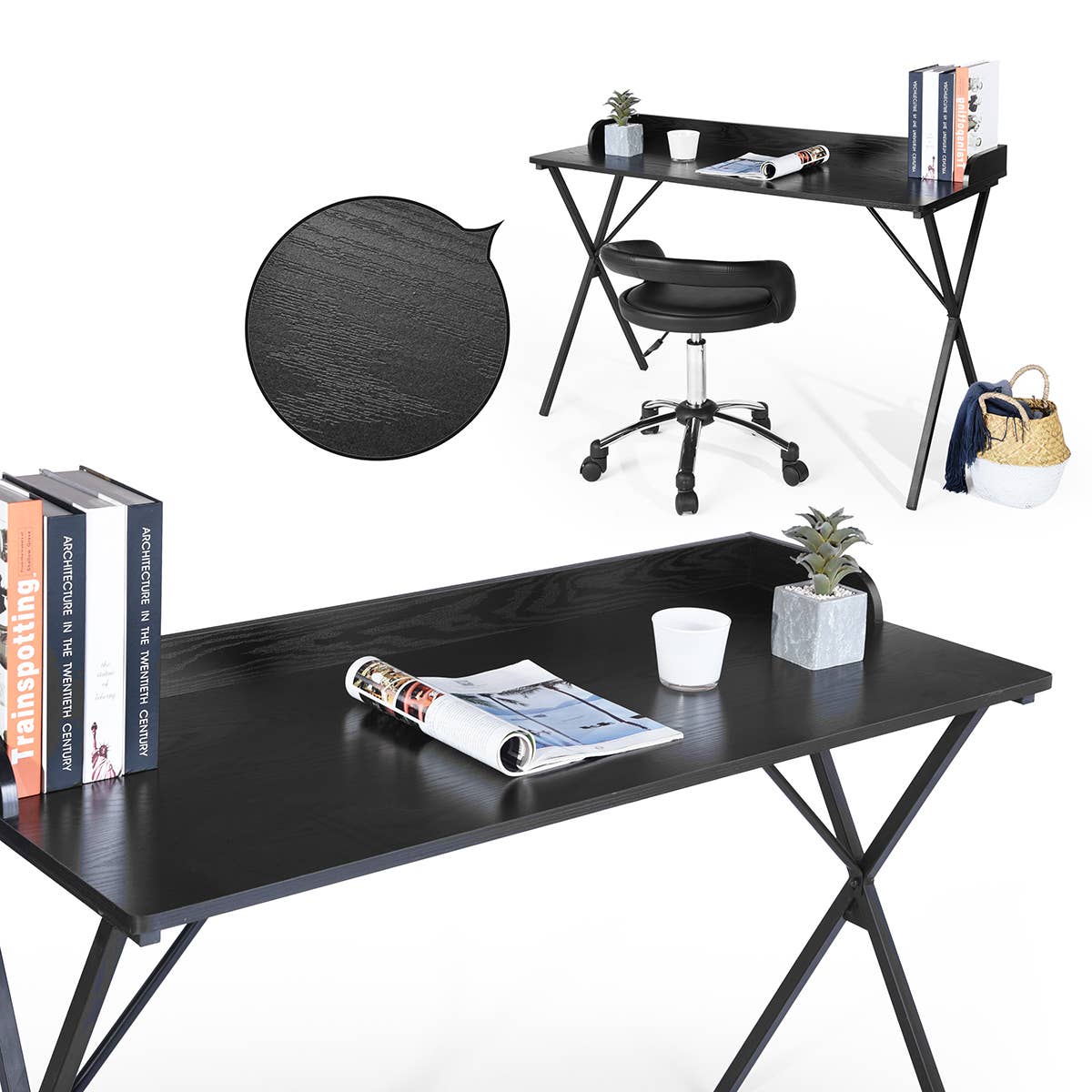 HOMYCASA DESIGN INC - Vente Assortiment pour bureau - Bureau d'ordinateur spacieux et élégant en chêne et métal noir 120 cm12