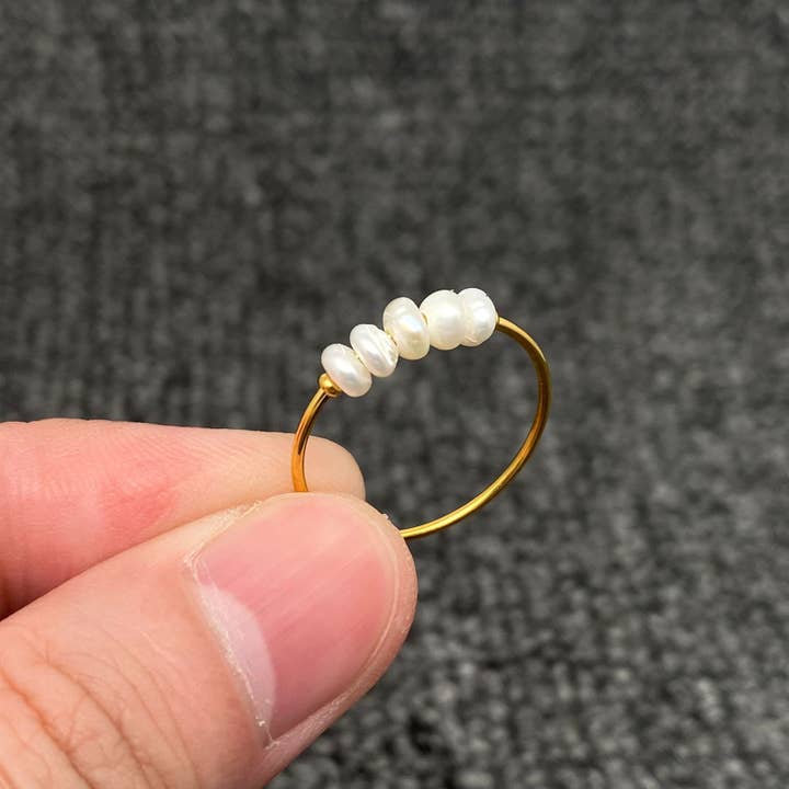 Mio Queena - Wholesale Cocktail/Statement Ring - Pearl Beaded 18K Gold Plated Stainless Steel Fine Ring - FGS