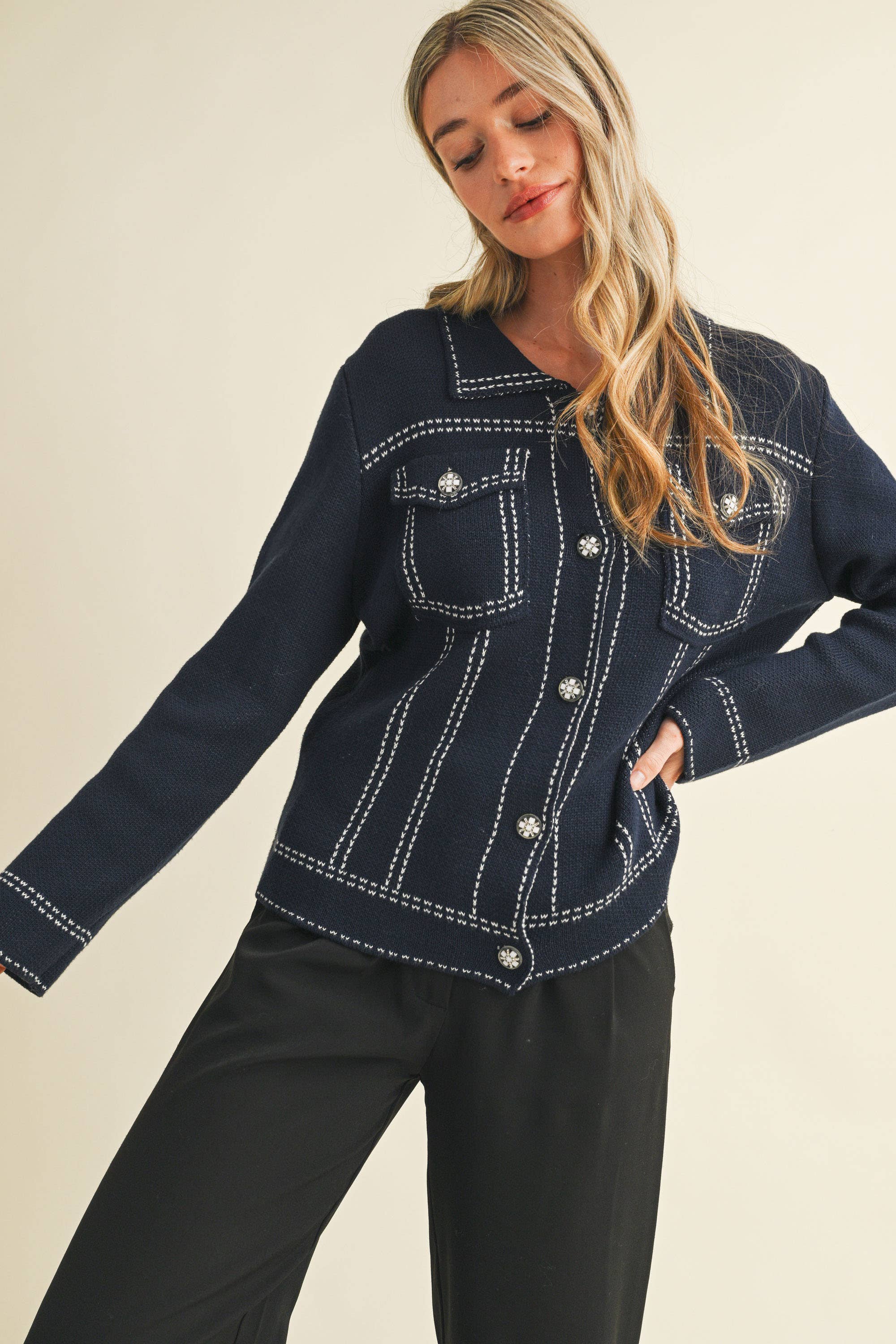 &MERCI - Wholesale Jacket - Women's - DENIM EFFECT KNIT SWEATER JACKET MSW1113011