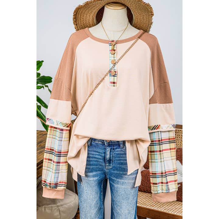 Fashion-W Plus Size Plaid Patchwork Layered Henley Top*1X-4X for wholesale by fashionworks