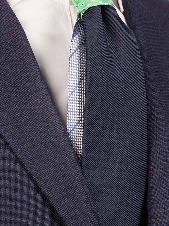 Gravata Azul Lisa Nó em Contraste Verde com Bolinhas Azuis e Brancas N764 por atacado de Graffeo Cravatte