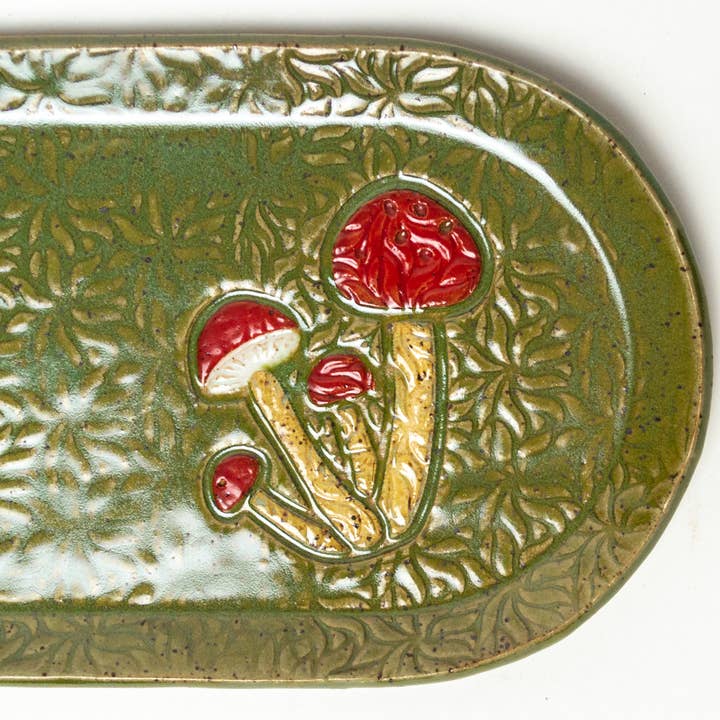 Mushroom Design Handmade, in Ohio, Stoneware Green Platter for wholesale by White Squirrel Clayworks