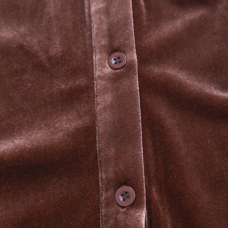 Suhkasana - Wholesale Button Down Shirt - Women's - Solid Velvet Button-Up Lantern Sleeve Collared Blouse27