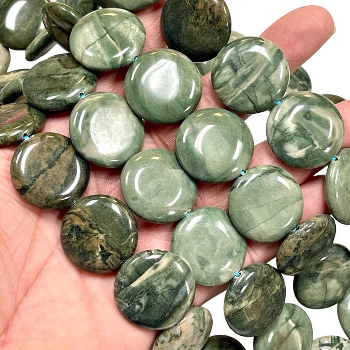 25mm Serpentijn Munt Kralen Streng 16” – Groene Edelsteen voor wholesale door TRIVENI USA INC