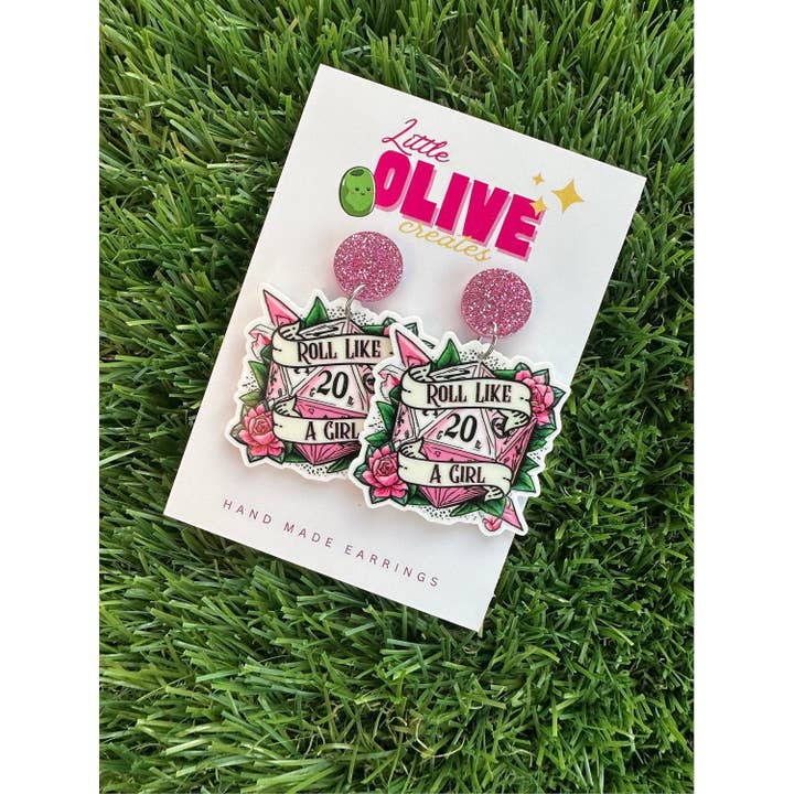 Little Olive Creates - Wholesale Dangle earrings - Empower Your Quest with Dungeons and Dragons 'Roll Like A Girl' D20 Dice Earrings!1