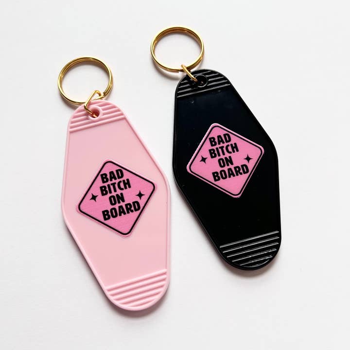 Happyish Brand - Wholesale Keychain - Women's - Bad Bitch on Board - Trendy Pink Motel Keychains Preppy Cute