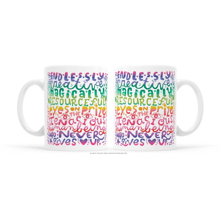 Endlessly Creative Rainbow Encouragement mug for wholesale by Kathy Weller Art+Ideas