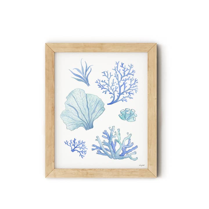 KelseyMDesigns - Wholesale Art Print - Blue Coral Beach Art, Coastal Watercolor Wall Art
