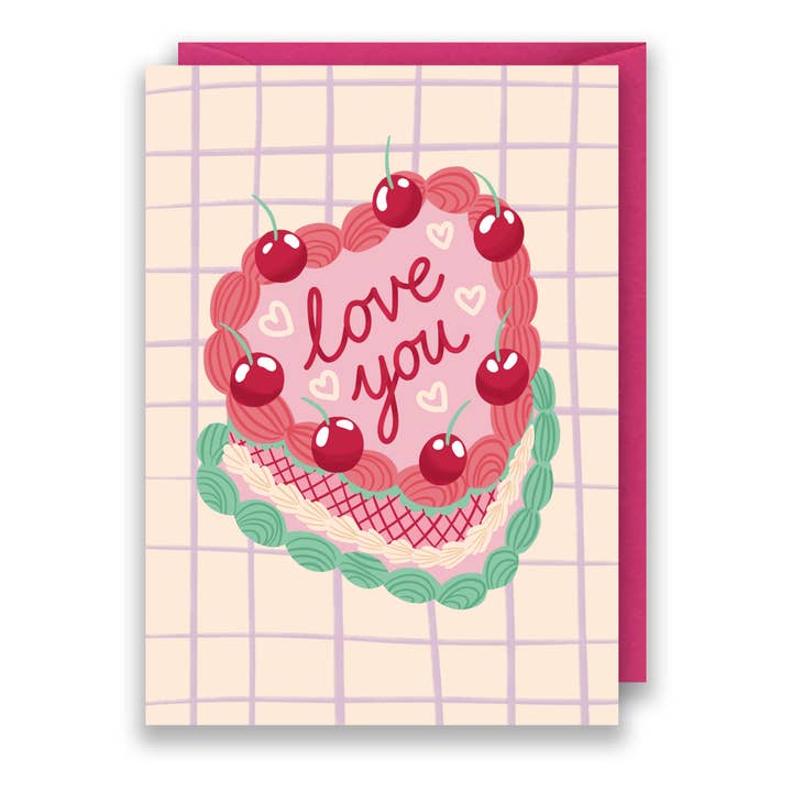 Vintage Cake Valentine's Card - Heart Shaped Cherry Cake for wholesale by Jessie Maeve Studio