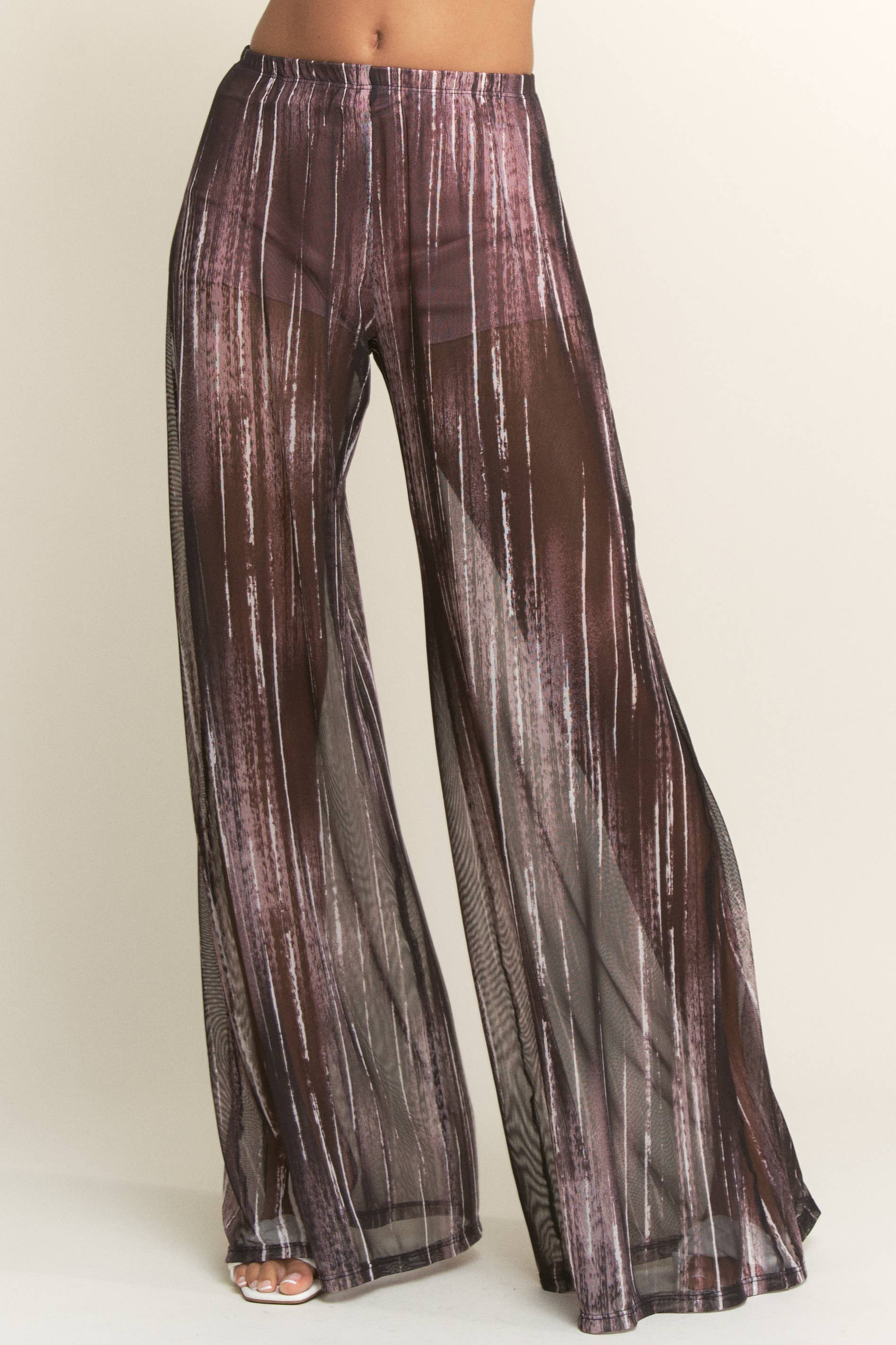 YNEZ - Wholesale Pants - Women's - Vibrant Stripe Print Sheer Wide Leg Cocktail Going Out Pant12