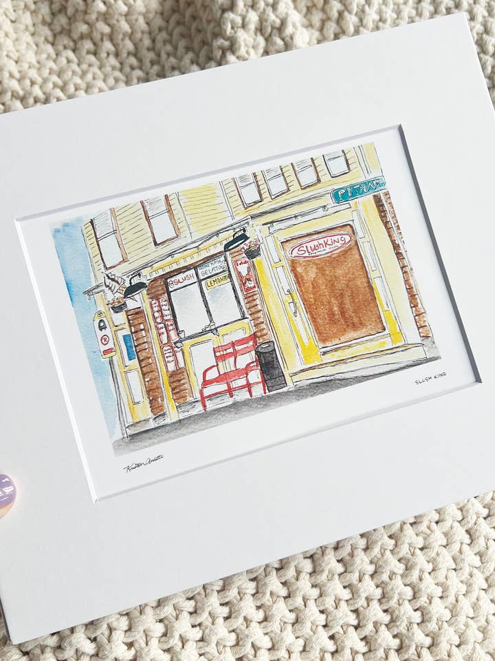 Slush King (Impression d'art en aquarelle de Boston – Eastie) pour la vente par Sunset Studios Boston: Neighborhood Watercolors