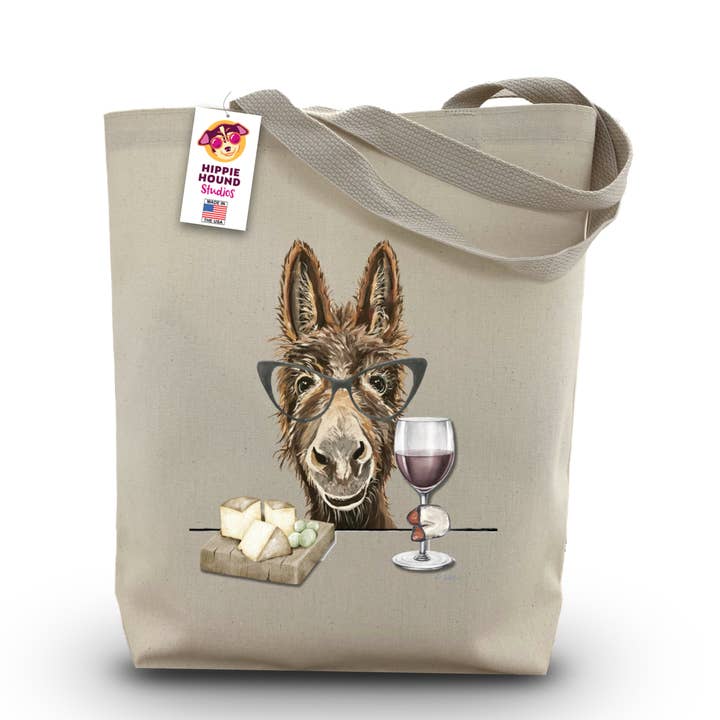 Hippie Hound Studios - Wholesale Tote bag – Women's - Donkey Tote Bag, Donkey Wine Tote, Cute Wine Lovers Tote