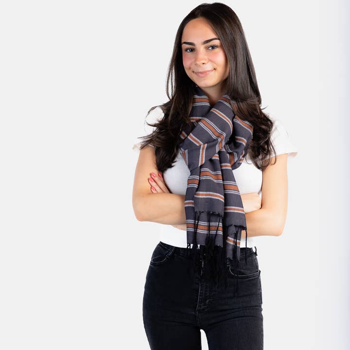 Horizontally Striped Handwoven Viscose Scarf - Gray & Copper for wholesale by Dandarah
