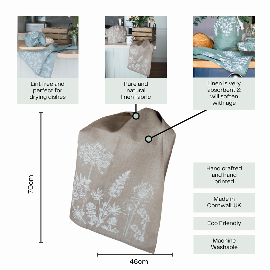 Helen Round - hand printed linen and bamboo wellness - Vente Torchons - Torchon en lin avec motifs floraux imprimés à la main - Serviette de cuisine6
