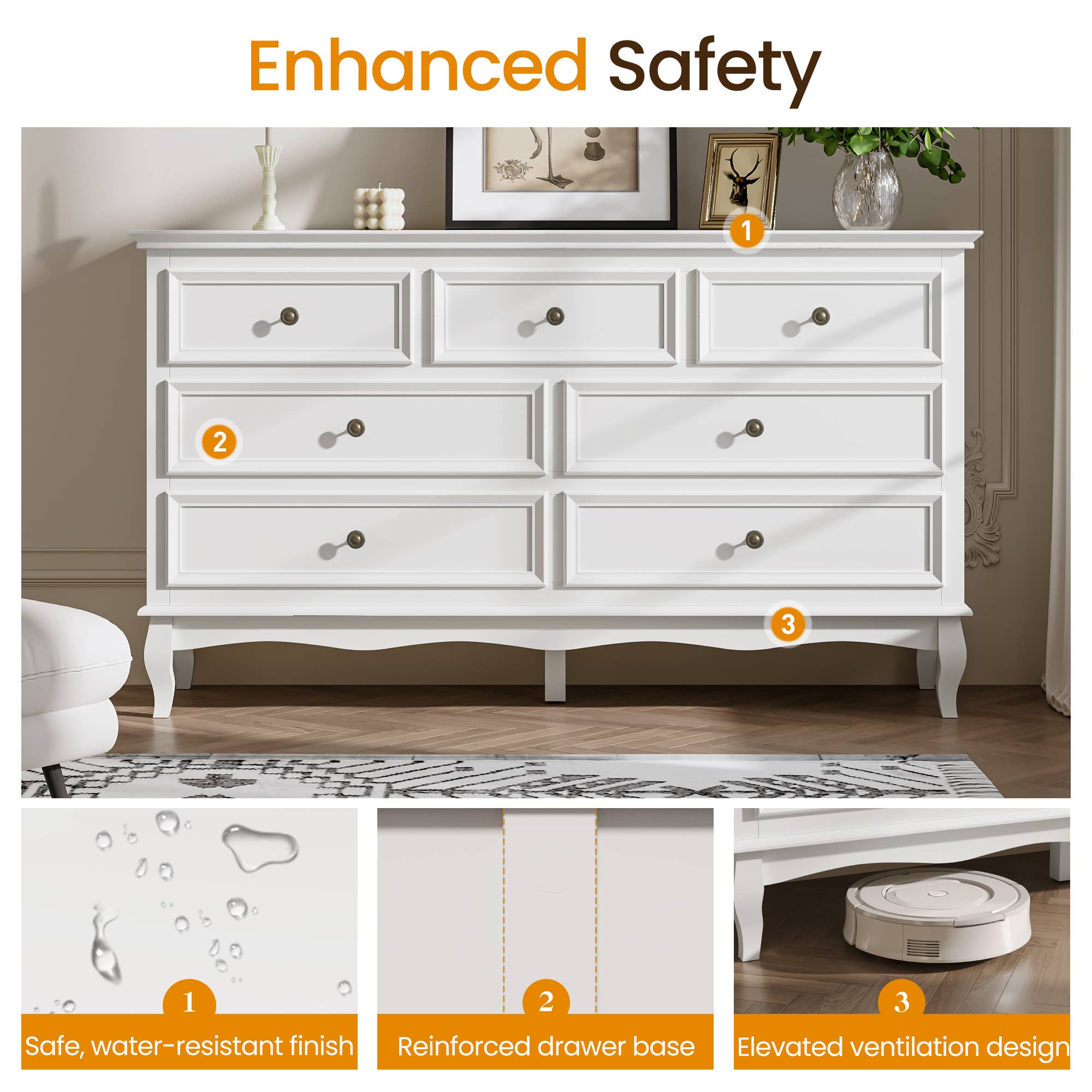 Heynemo - Wholesale Cabinet - 7 Drawers Dresser, Modern Wide Dresser with Rubberwood Legs4