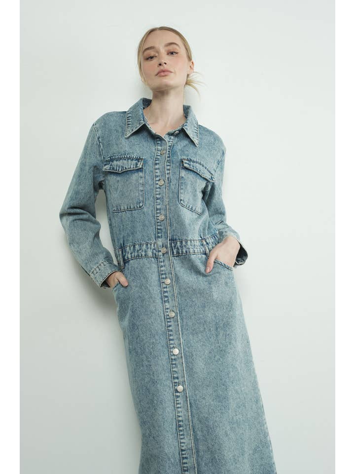 MAD2878 DENIM LAPEL COLLAR MAXI DRESS for wholesale on Faire