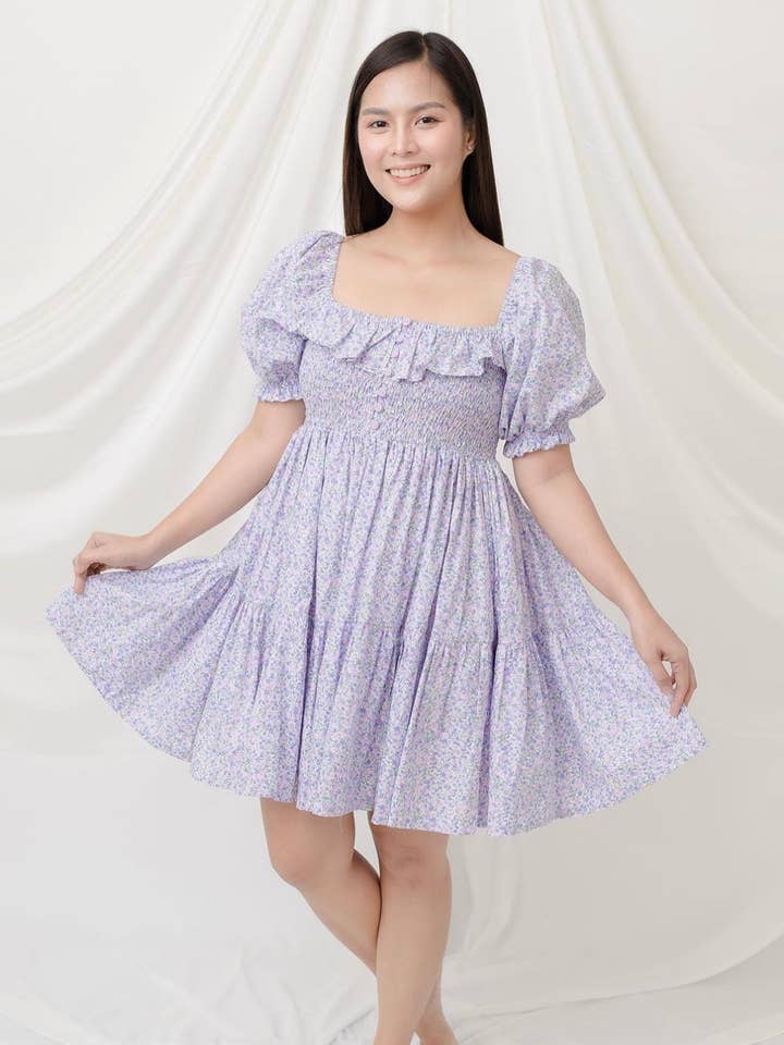 Women Puff Sleeve Shirred Mini Dress for wholesale by Little Grey