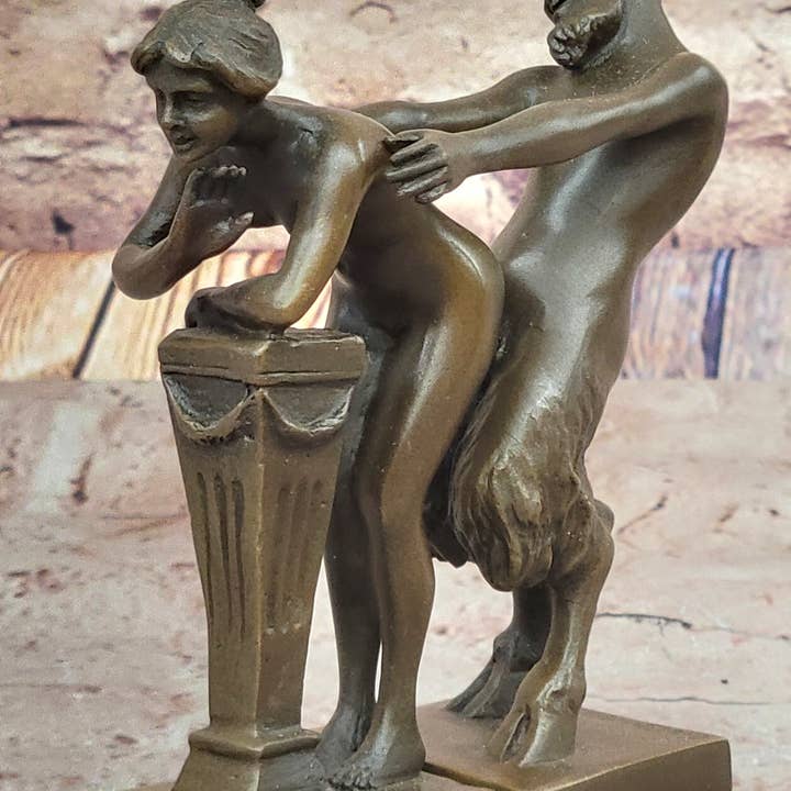 Bronzhaus - Wholesale Sculpture - Greek Faun Satyr & Nymph Girl Erotic Nude Bronze Bookend Sculpture Figures
