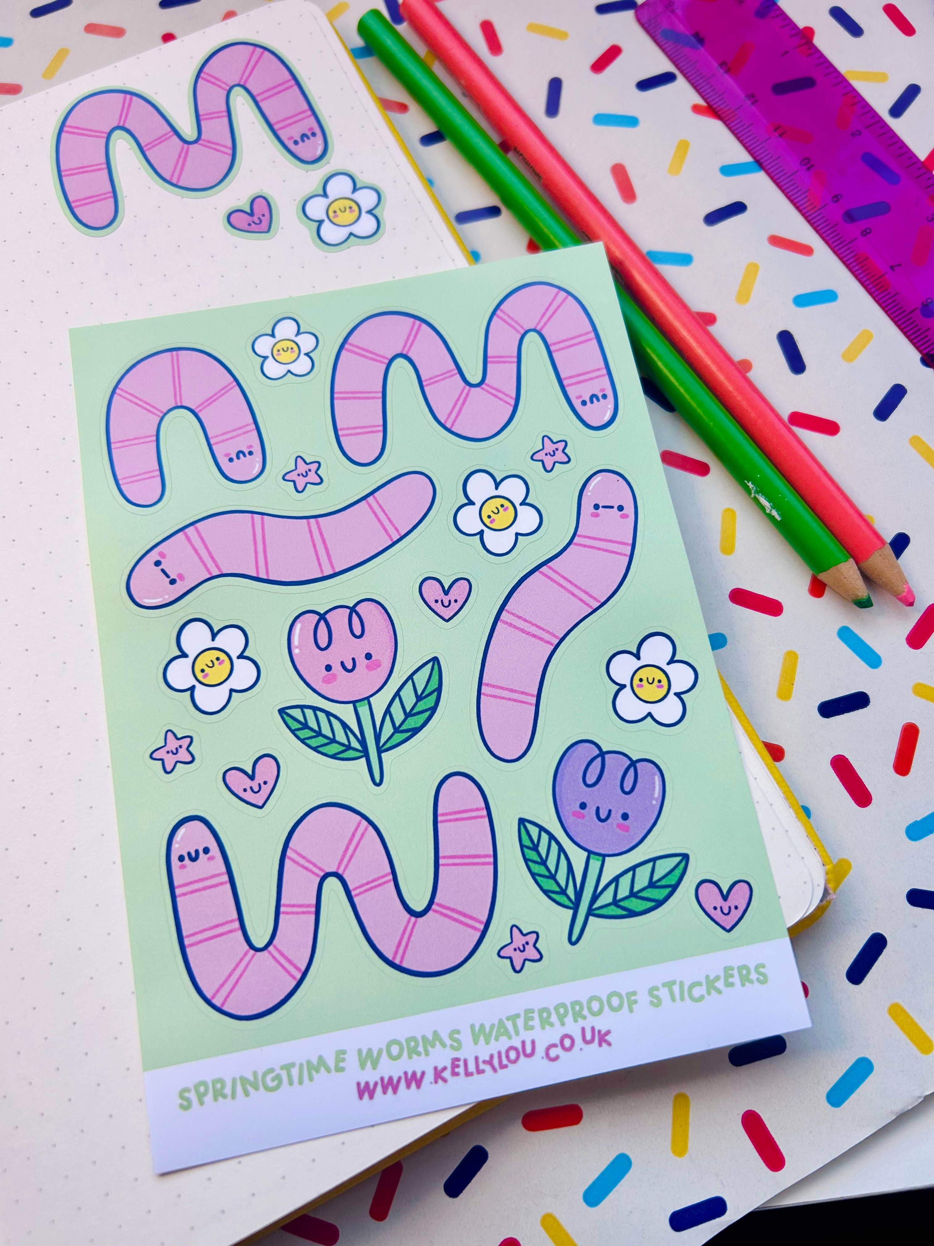 Kellylou – wholesale Sticker – Spring Worms Vinyl Sticker Sheet2