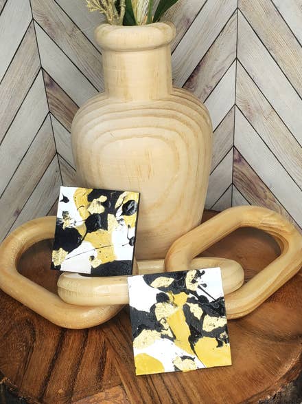 "Square Biz" Hand Painted Black, White, Gold Earrings for wholesale by Styled By Jasmine Boutique