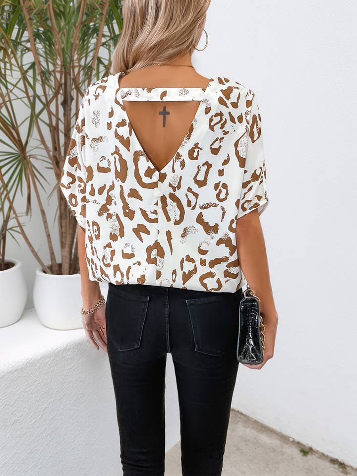 Brown V-neck Loose Leopard Print Shirt for wholesale on Faire3