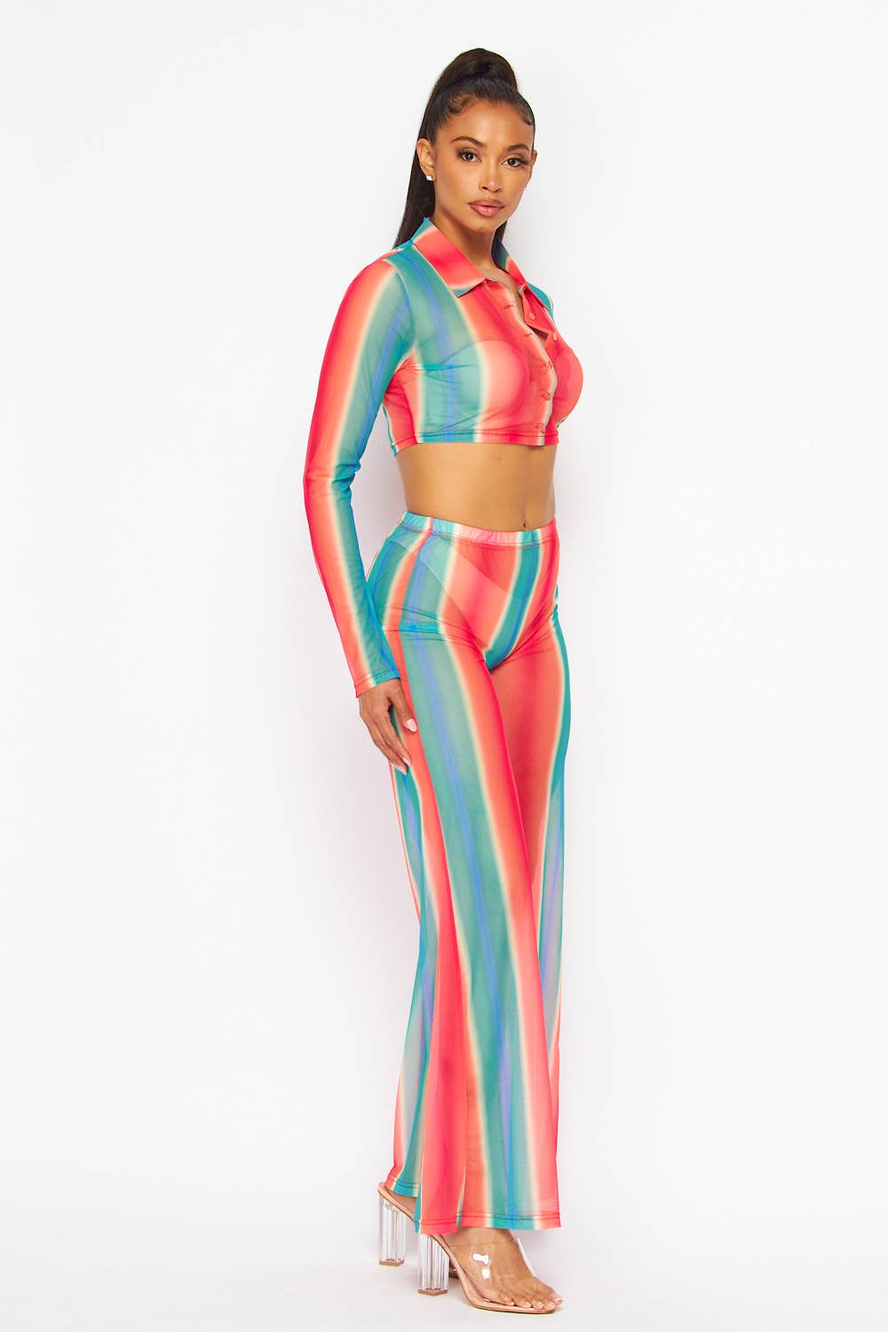 VERT CORAIL Joli ensemble haut court transparent et pantalon large arc-en-ciel (HDC30356) en vente sur Faire1