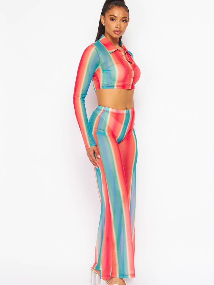 VERT CORAIL Joli ensemble haut court transparent et pantalon large arc-en-ciel (HDC30356) en vente sur Faire1