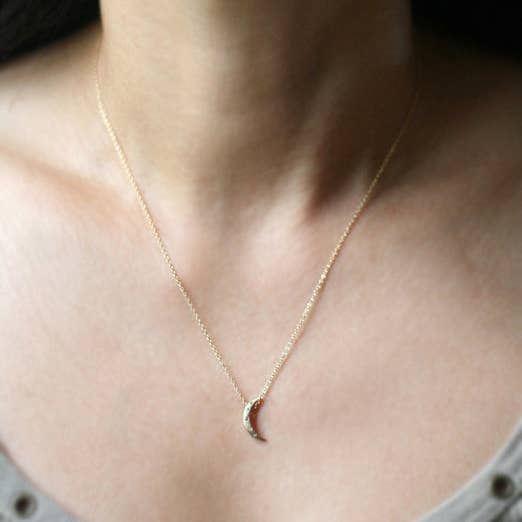 Crescent Moon Necklace in 14K Gold with 5 Diamonds for wholesale by Michelle Chang