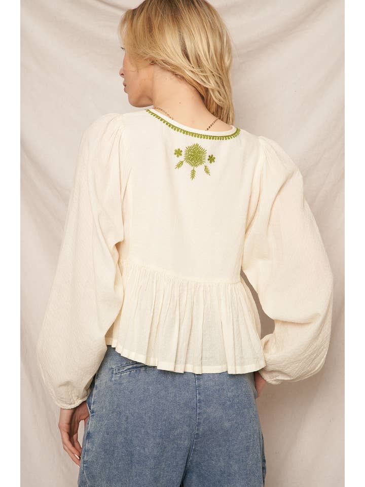 En Crème - Wholesale Blouse - Women's - Long Sleeve Peplum Top with Embroidery Detail13