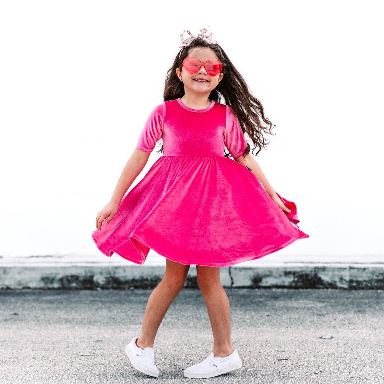 millie + roo LLC - Wholesale Dress - Kids - VELVET MID SLEEVE TWIRL- Pink Opal (Hot Pink) Stretch Velvet Twirl Dress3