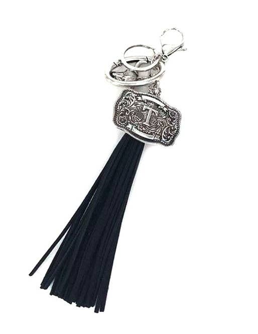 Snowing West - Wholesale Keychain - Unisex - Western Belt Buckle Initial Black Tassel Keychain18