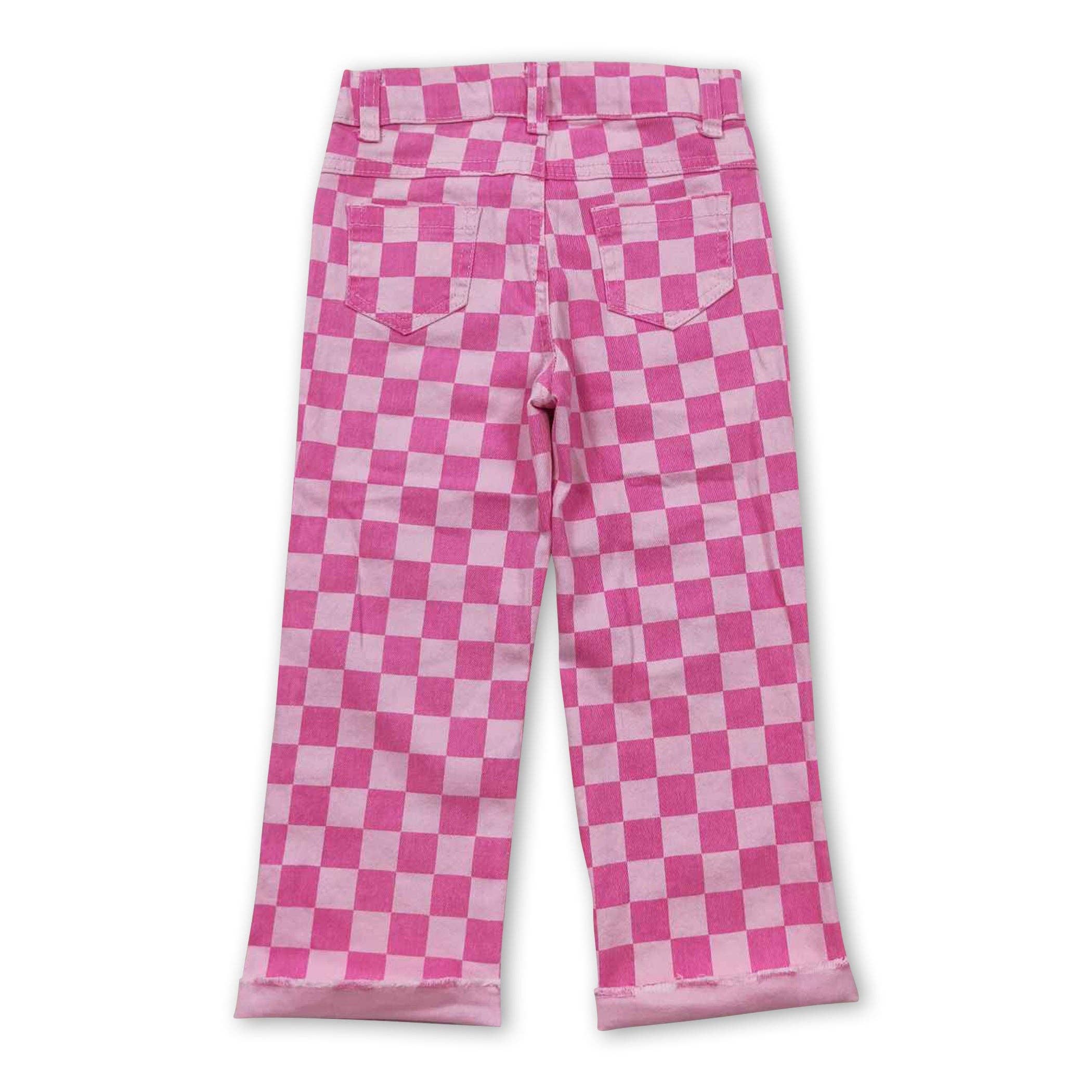 Yawoo Garments - Wholesale Jeans - Kids - Pink checked hole baby girls jeans1