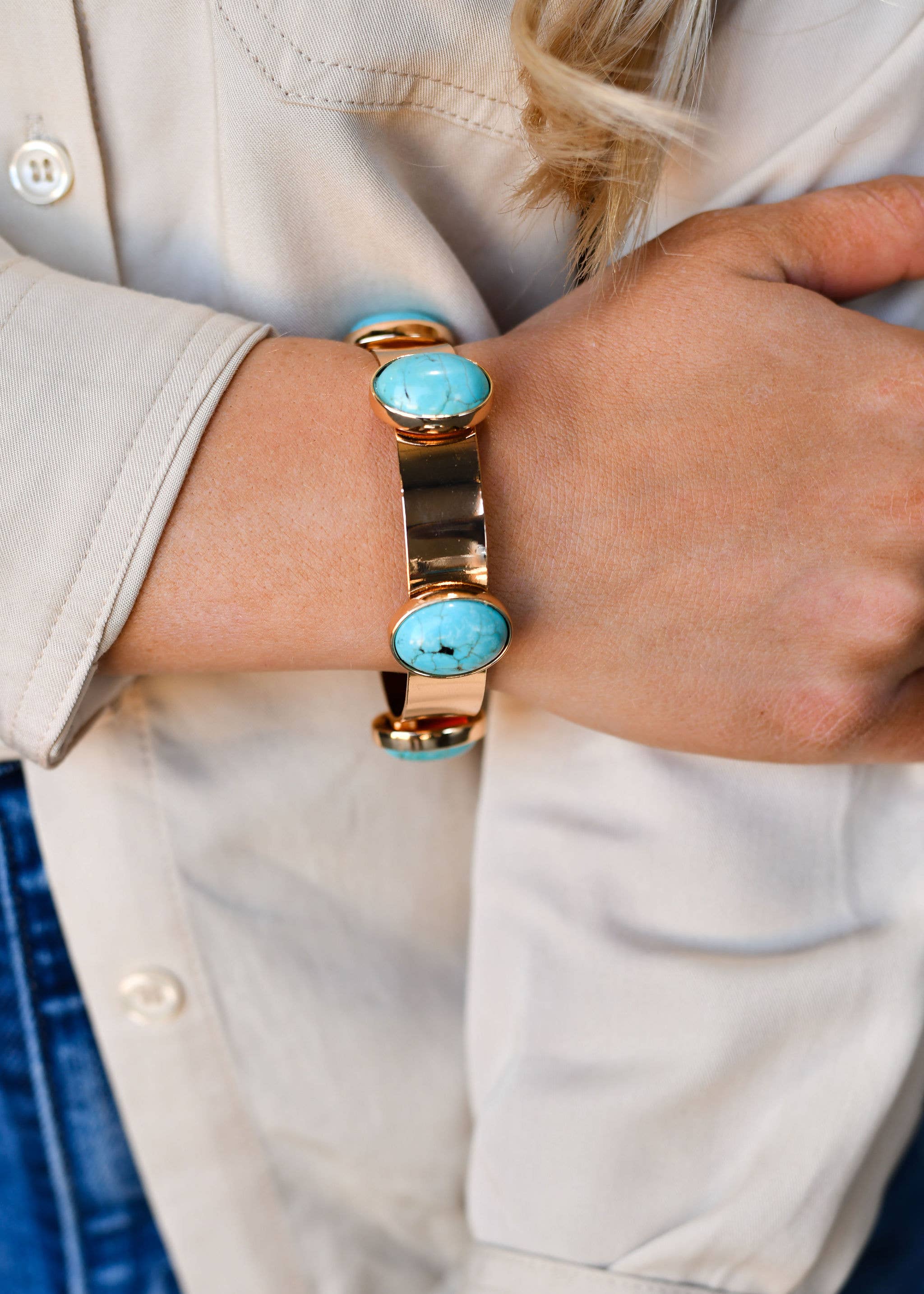 West & Co. - Wholesale Cuff Bracelet - (SALE) Gold Bangle with 5 Turquoise Oval Stones1